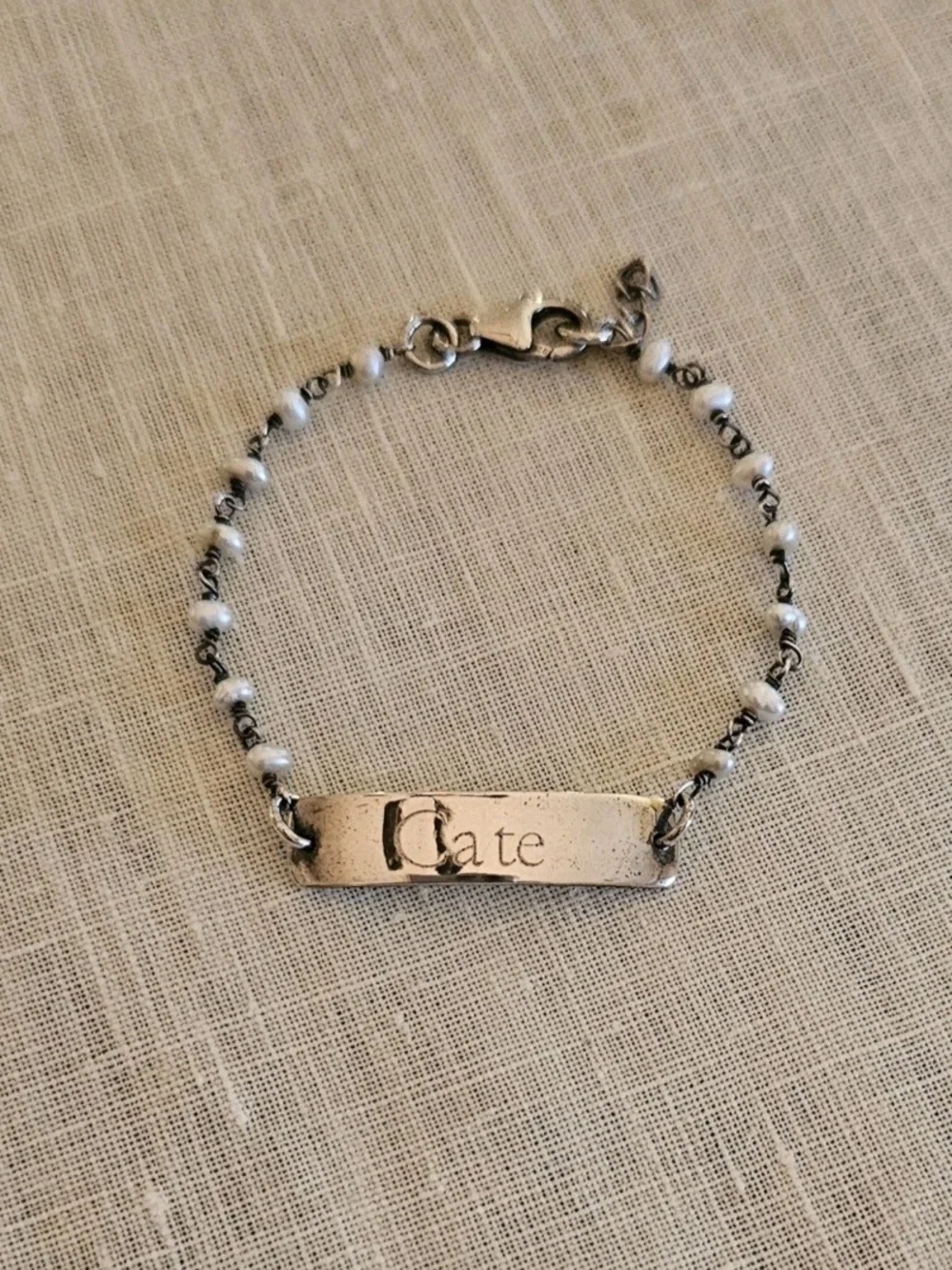 925 Sterling Silver Engraved CATE Name ID Bar Bracelet Freshwater Pearl Accent